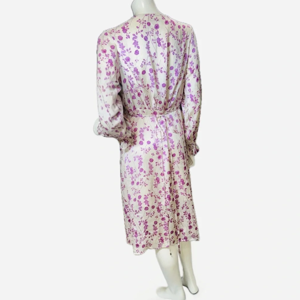 👗🌸 BISHOP + YOUNG Floral Wrap Midi Dress Lavender Ivory Long Sleeve l Sz M - Picture 2 of 9